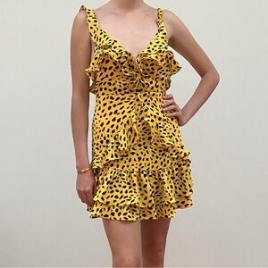 Forever 21 Womens MiniDress Sz L Yellow Animal Print Deep V-Neck Straps Keyholes